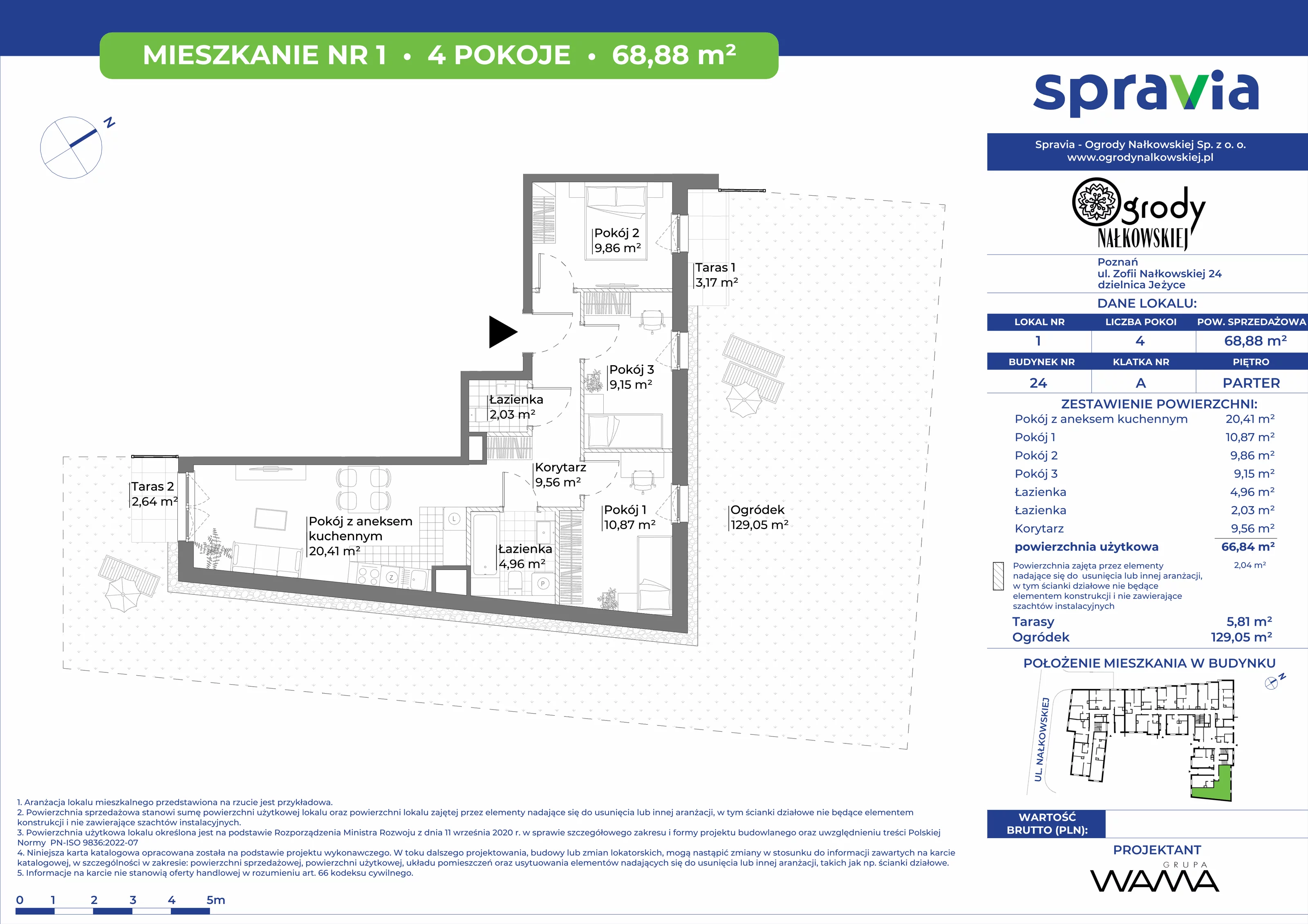 4 pokoje, mieszkanie 68,88 m², parter, oferta nr 24-1, Ogrody Nałkowskiej, Poznań, Ogrody, ul. Nałkowskiej 24, 26